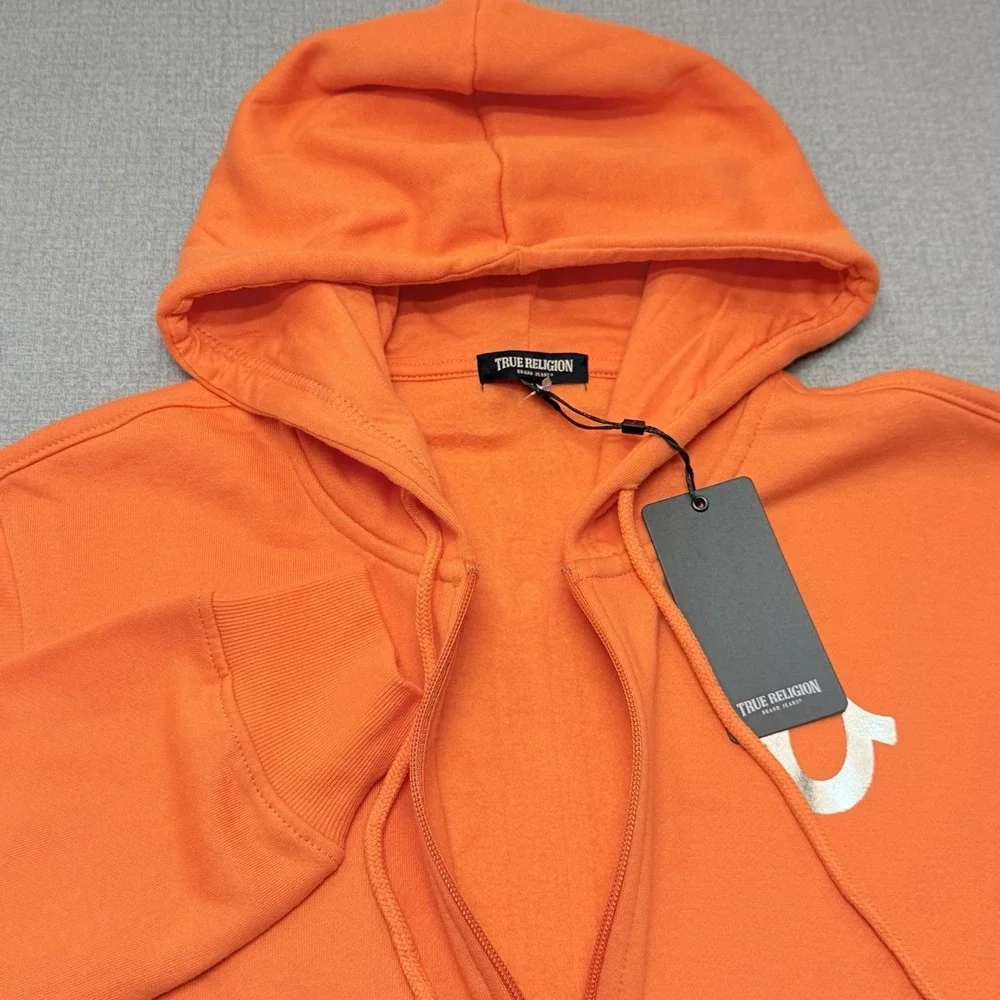 True Religion Metallic Buddha Zip Hoodie Mens M Papaya Orange Fleece NWT 700440